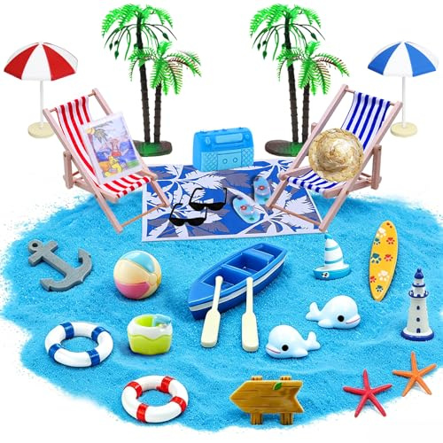 29 Stück Strand-Mikrolandschaft Miniatur Dekoration, DIY Strand Deko Miniatur Zubehör Strandkorb Sonnenschirm Palme Segelboot Beachball Stranddecke für DIY-Garten Puppenhaus Sandkasten Sommer Deko
