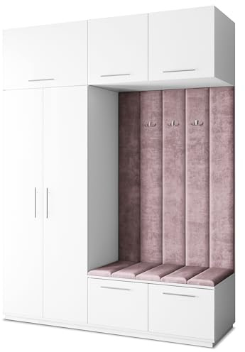 Masseno Flugarderoben Set Rema, Kleiderschrank-Set mit Sitzbank, Garderobenschrank Flur mit 5 Regalböden, Weiß