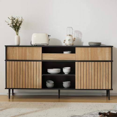 muenfly Aparador con 4 Puertas correderas y cajón, Armario de Almacenamiento para Dormitorio y Sala de Estar, Roble Negro, 160 cm