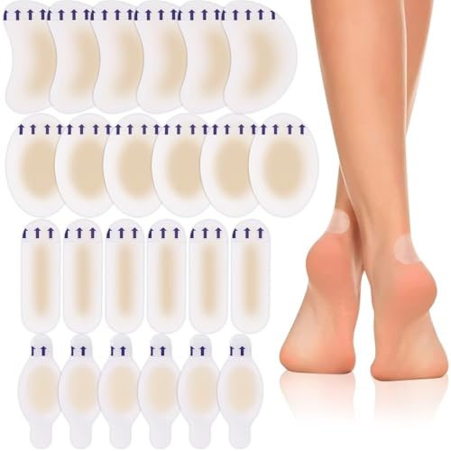 24 Tiritas para Ampollas y Rozaduras, Apósitos Hidrocoloides de Gel Transparente, 4 Formas para Talón, Dedos y Pies, Parches de Segunda Piel Impermeables para Senderismo y Tacones