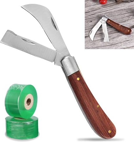 Veredelungsmesser, Gartenmesser mit 2 Klingen, Gartenmesser Klappbar mit 2 Stretchfolien, Klappmesser Okuliermesser, Okuliermesser für Obstbäume, für Ernten, Beschneiden Sträuchern und Pflanzen