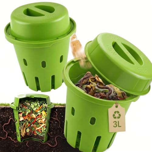 2 Pièces 3L Souterrain Composteur de Jardin Petit avec Couvercle,18x19cm | PVC Lombricomposteur avec Trous de Ventilation,Organique Composteur,pour Jardins,Massifs de Fleurs,Cours