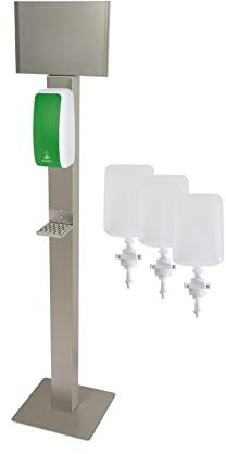 Blanc HYGIENIC Desinfektionsspender Cosmos – Spender mit Sensor und Standfuß, Spender stehend und 3X 1 Liter Desinfektionsmittel, Händedesinfektion für ca. 3.000 Anwendungen, Weiß und Grün