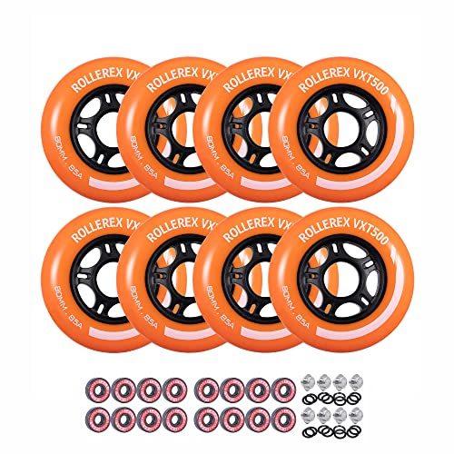 Rollerex VXT500 Inline-Skate-Rollen, 8er-Pack mit Lagern, Abstandshaltern und Unterlegscheiben, langlebige Ersatz-Rollen für Skaten drinnen und draußen (80 mm, Sunrise Orange)