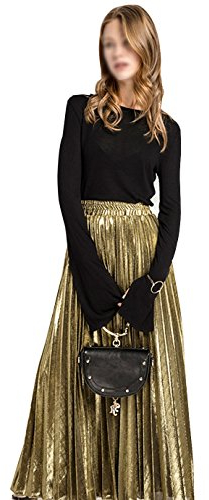 Milya Damen Lang A-Linie Plisseerock Maxi Faltenrock Blingbling L Gold