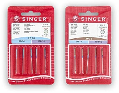 Singer Set mit 2 Packungen Nähnadeln für Leder (2032, 832R, 130/705H-LR) und Jeans (2016, 826R, 130/705 H-J), für Nähmaschinen mit System für einseitig flache Kolben