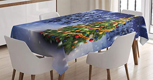 ABAKUHAUS Weihnachten Tischdecke, Elf Noel Theme winterliche, Personalisierter Druck mit Klaren Farben Waschbar Wasserfest kein Verblassen, 140 x 240 cm, Blau Grün