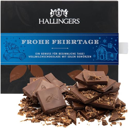 Hallingers Frohe Feiertage - Vollmilch Edel-Schokolade mit Weihnachts-Gewürzen - handmade, alkoholfrei (Box) - Geschenk im Sommer & als perfektes Grillgeschenk | Jahrestag Danke Neues Zuhause Genesung