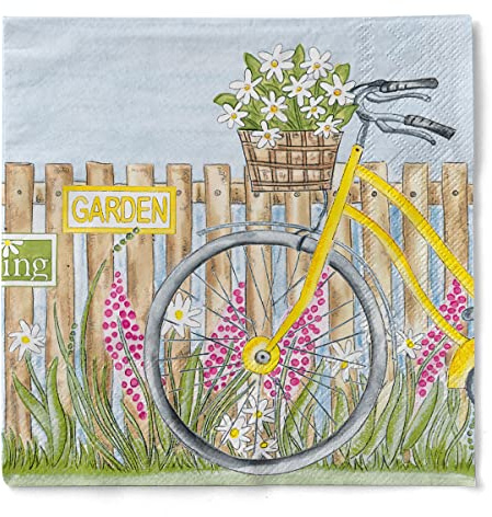 Mank GmbH Servietten aus Tissue 33 cm x 33 cm 1/4 Falz Kaffee Serviette hochwertige Einmal Serviette 100 Stück 3-lagig Papierserviette Frühling Sommer Fahrrad Blumenwiese Fabienne
