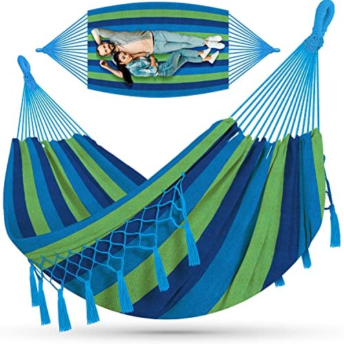 KESSER® Hängematte 320x150 cm belastbar bis 300 kg, wetterfeste & atmungsaktive Tuchhängematte mit Fransen für 1-2 Personen – Ideal für Camping, Garten & Outdoor, inkl. Beutel, Seile & Gurte, Blau