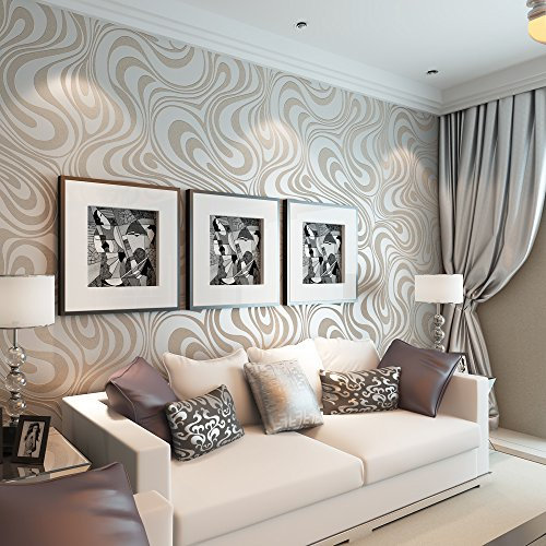 YangYun Home Decoration Modern 3D Abstract Curve Wave Non-Pasted Flocking Striped Wallpaper Roll for Living Room Bedroom Cream&Gray Color 2.3'W x 27.56'L