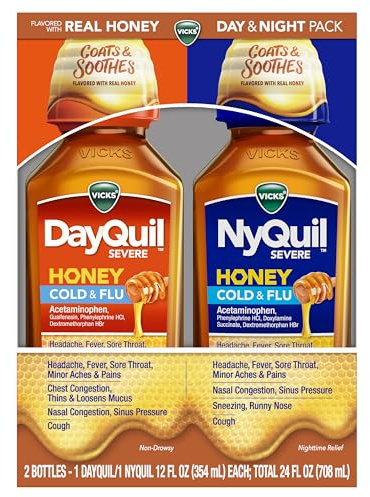 Vicks Dayquil & Nyquil Severe Honey Flavor Co-Pack, Cold & Flu Medicine, Relieves Headache, Fever, Sore Throat, Minor Aches & Pains, Nasal Congestion, Sinus Pressure, Stuffy Nose, And Cough, 2X12Oz