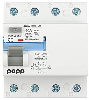 POPP® Electric Interruptor diferencial industrial TIPO AC corriente residual alterna 4 Polo 40A 300mA SERIE MSL8 (3P+N, 40A 300mA)
