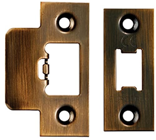 Forend Strike & Fixing Pack - Suitable for Tubular Latch - Antique Brass | Forend Strike & Fixing Protective Plate Set - Door Lock Furnishings - Forend Plate, Strike Plate and Screws Included