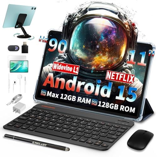 TECLAST P50CASE Tablet 11 Pollici 90Hz Tablets Android 15, 2.0GHz Octa-Core, 12GB RAM+128GB ROM/TF 4TB/Widevine L1/GPS/BT5/OTG/7000mAh/Tablet con Tastiera+Custodia+Penna+Auricolari+Mouse/Metal-2025