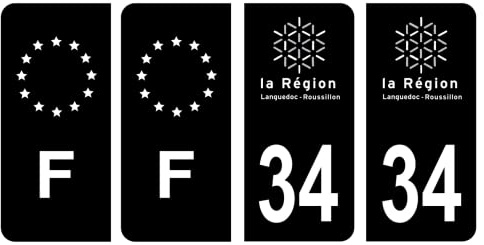 HADEXIA Lot 4 Autocollants Plaque d'immatriculation Département 34 Hérault Ancienne Région Languedoc-Roussillon Noir & F France Europe