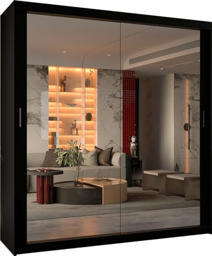 MN Furniture Double Sliding Doors Wardrobe Bedroom Furniture Cupboard Clothes Storage Organiser Hanging Rail Shelves (203 CM, BLACK)