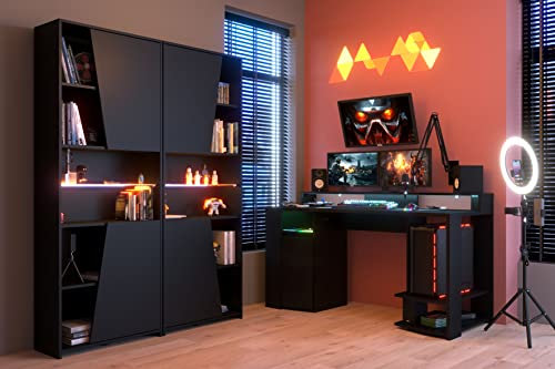 Miroytengo Pack Muebles Gaming con LED Incluido Color Negro Estilo Moderno (Mesa Gamer + 2 estanterías)