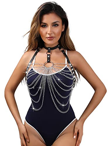 BDSMYOU Punk Harness Leder Body Brust Harness mit Kette, Einstellbar Gothic Kleidung Damen Bondage Geschirre, Sexy Dessous für Sex, Sexspielzeug für Paare Extrem Sex, Unterwäsche Clubwear