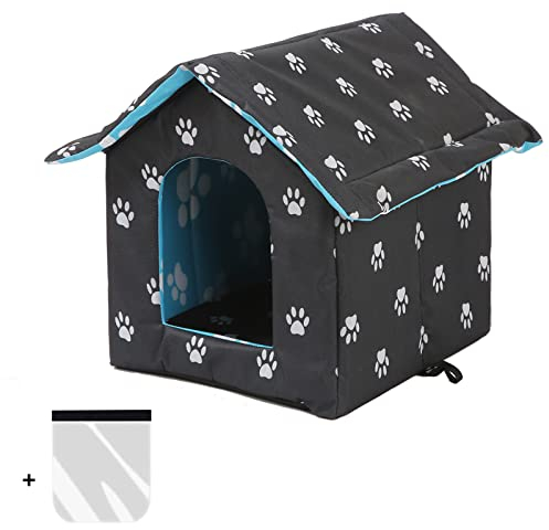 Katzenhaus Outdoor, Katzenhöhle für Draußen, Katzenhaus Für Draußen Winterfest Wasserdicht, Welpenhütte im Freien, Mit abnehmbarem Transparentem Vorhang (S, Black)