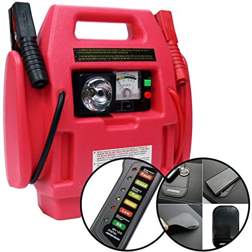 4TRESS PP10 12V, 900A 3-in-1 Emergency Jump Starter, Rechargeable 10Ah battery, LED Work and Warning Lights with Car Battery Alternator Tester and 4TRESS Non Slip Car Dash Mat