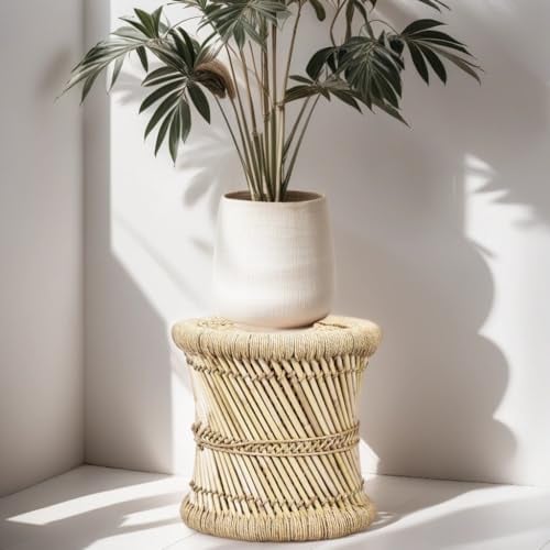 Marrakesch Boho Deko Hocker Beistelltisch aus Bambus Benita ø 30 cm | Fußhocker Blumenhocker Ideal im Garten Terrasse und Balkon Deko als Balkonmöbel