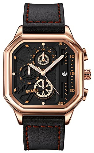 SKMEI Montre analogique à quartz pour homme avec bracelet en cuir étanche et affichage de la date, rose gold, 2.09*1.65*0.47inches, Classique