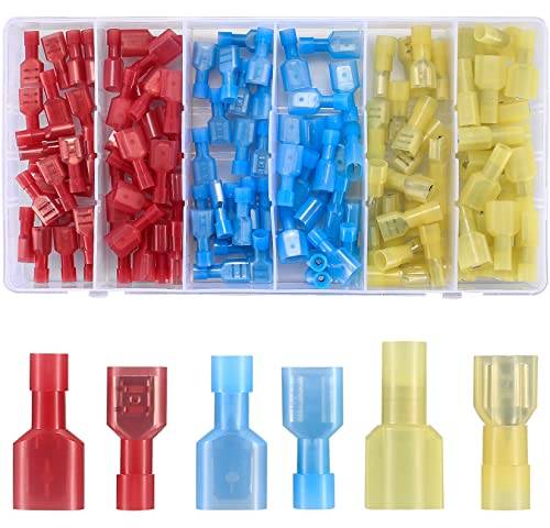 woshilaoDS 120 Pcs Spade Terminals, Nylon Fully Insulated Male/Female Spade Connectors Set, AWG 22-18 AWG 16-14 AWG 12-10 Spade Quick Disconnect Electrical Cable Wire Crimp Terminals Connectors