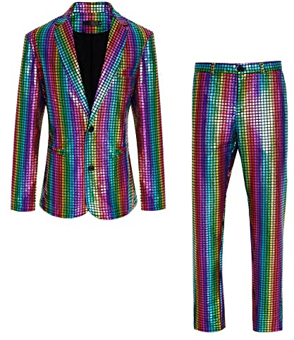 CARUHIF Herren 70er Jahre Disco Outfit Regenbogen Anzug Pailletten Jacke und Hose Halloween Partyanzug