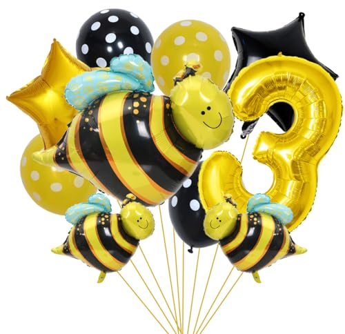 SNOWZAN Bienen Geburtstagsdeko 3. Geburtstag Mädchen Junge Biene Deko Luftballons Biene 3 Jahre Geburtstag Deko Gelb Bienen Folienballon Zahlen Ballon Zahl 3 Für Biene Kinder Geburtstag Bee Party