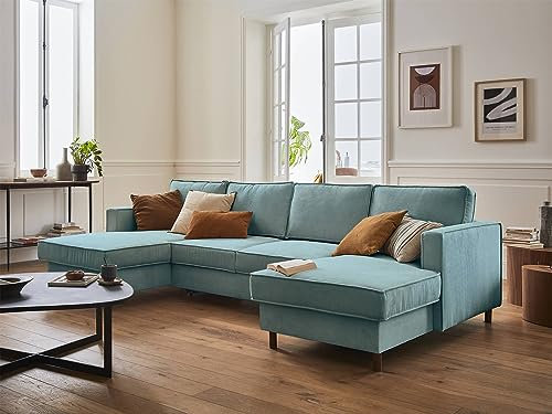 Lisa Design Jake – Wohnlandschaft U-Form – 7-Sitzer – mit Schlaffunktion und Bettkasten – aus Cord Blau