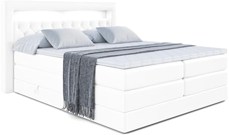 ALTDECOR Boxspringbett mit Matratze und Lattenrost, LED, Topper, Polsterbett mit Bettkasten, Bett mit Stauraum H3- und H4- Matratze, Doppelbett - Noel Gold King - 180x200 Weiß Kunstleder