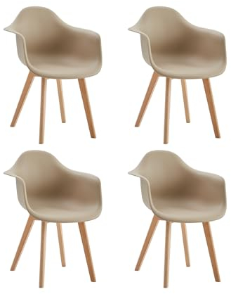 GrandCA HOME Lot de 4 Chaises de Salle à Manger, Fauteuils avec Pieds en Bois, Chaises de Cuisine Modernes avec Accoudoirs pour Salon, Salle à Manger, Bureau, Beige