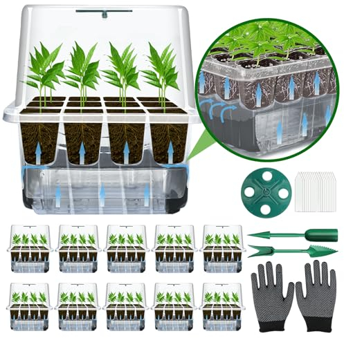 TZEKING 10 Piezas Bandejas Autorriego de Semilleros,120 Agujeros Bote de Turba Biodegradable,Humedad y Temperatura Ajustables,con 20 Etiquetas para Plantas, 2 Herramientas de jardinería, 2 Guantes