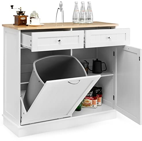 COSTWAY Buffet de Cuisine 2 Tiroirs, Placard 42L, Étagère Réglable, Meuble avec Plan de Travail en Caoutchouc, Poubelle Rangement 2 en 1, Armoire, 100 x 35 x 91 cm (Blanc)