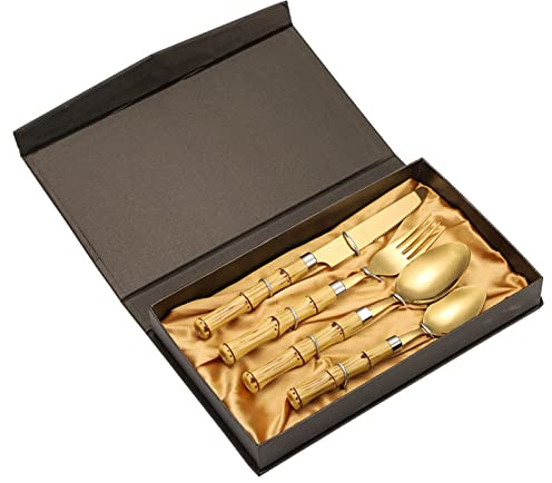 Juego de cubiertos de acero inoxidable con mango de bambú EndyAk y tenedores, 4 piezas