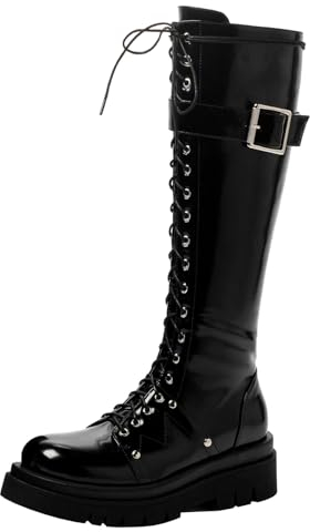 Etebella Damen Knee High Combat Boots Gothic Lack Kniehohe Stiefel zum Schnüren Flache Kniehoch Stiefel Punk Schuhe(Schwarz,41)