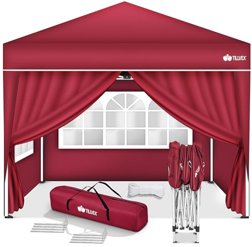 tillvex Gazebo Plegable Cenador 3x3m Impermeable | Pabellon de Jardin Pop-up Regulable en Altura | Carpa de jardín protección UV 50+ | Cenador de Fiesta con Bolsa (Rojo - con 4 Paredes)