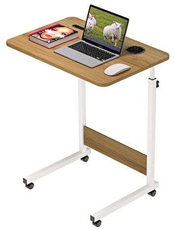 Wohenster Laptoptisch Höhenverstellbar Schreibtisch Holz mit Drehbarer Rollen, Notebook-Ständer und Getränkehalter, Beistelltisch Mobiler, 60x40cm Tisch für Bett, Sofa, Schlafzimmer, Wohnzimmer, Braun