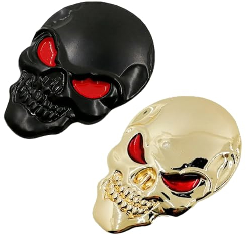 HSIXHAF 2 PCS 3D Cranio del Metallo Auto & Moto Adesivi, Cranio Emblema Accessori Adesivo Automobile Che designa Le decalcomanie (7 * 6.8 cm, Occhio Rosso Nero e Occhio Rosso Dorato)