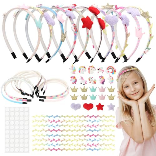10 Pièces Serre Tete Fille Bricolage 1 cm, Serre Tete Enfant Licorne Dégradé de Couleur, DIY Bandeau Cheveux Fille Denté Polyvalent, Bandeau Cheveux Enfant pour Couronne, Coeur