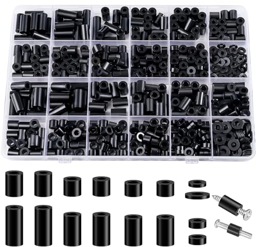 600 Pcs Electrical ABS Spacers Black Nylon Round Spacer for Screws Switch and Receptacle,Plastic Standoff Screw Nut Assortment Kit Without Threaded,Hardware for M3/M4 Screws