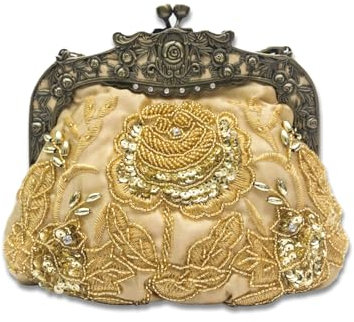 CORIOS Vintage 1920s Abendtasche Damen Floral Clutch Tasche Handgemachte Perle Handtasche Klein Tasche Elegante Schultertasche Kette Umhängetasche für Hochzeit Bankett-Party Abschlussball Gold