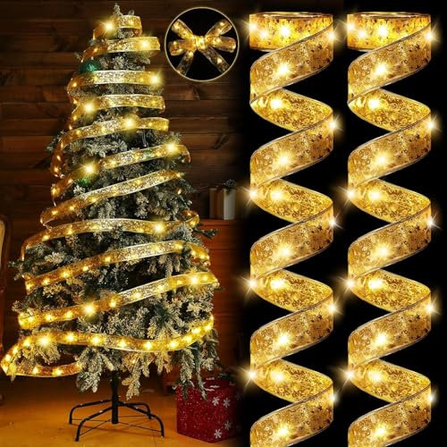 Johiux 2 Stücke Weihnachtsband Lichter Led,Christmas Ribbon Lights,Christmas Tree Ribbon Lights,Batteriebetriebene Band Lichterkette, 2 Beleuchtungsmodi für Weihnachtsbaum Dekorationen(2 * 5M).