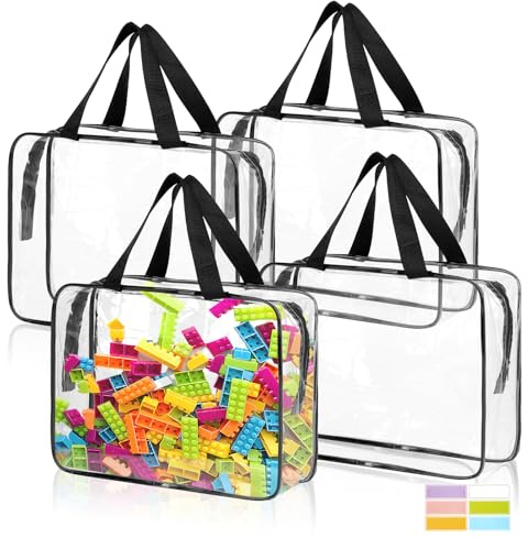 4 Pack Toy Storage Bags, Clear PVC Toy Organizer Bags with Zipper, Large Black Waterproof Reusable Toy Bags with Labels for Puzzles, Building Blocks, Board Game, Stationery, Kids Books