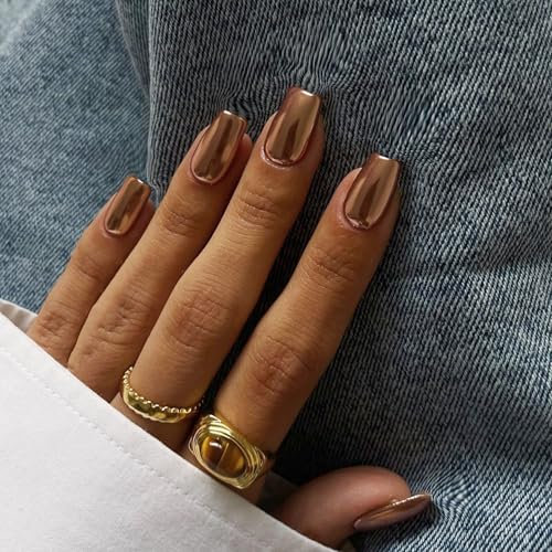 Chrome False Nails Medium, SXVME Metallic Brown Press On Nails Short Medium Square, Glitter Shine Fake Nails Glue on Nails Cute, Mirror Acrylic Stick on Nails for Women Daily & Party Wear