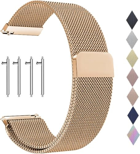 PDSQL Edelstahl Mesh Uhrenarmband, Metall Ersatz Armband Edelstahlarmband mit Magnetverschluss Smartwatch Schnellverschluss Watch Uhren Ersatzband Für Damen Herren (Rosegold, 22mm)