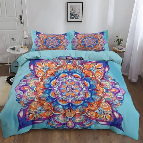 Completo letto reversibile con copripiumino e federe fantasia Fiori Di Mandala Set di decorazioni per la stanza degli adolescenti 135 x 200 cm Azzurro Chiaro