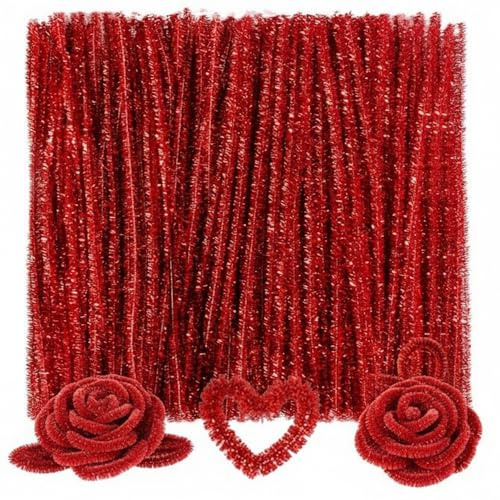 Caydo 200Pcs Pfeifenreiniger, glitzernd, rot, dicke flauschige Chenille-Stiele, Basteln für Kunst und Handwerk, perfekt für die Herstellung von Tieren, Blumen und festlichen Dekorationen