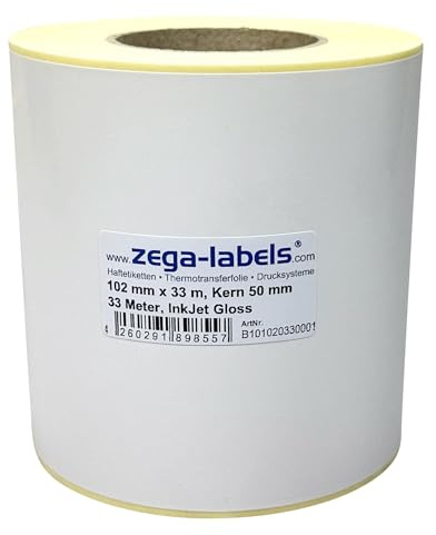Inkjet Etiketten Endlos Rolle - 102 mm x 33 m - 33 Meter je Rolle - Kern: 50 mm - Papier weiss glänzend - aussen gewickelt - permanent haftend - Druckverfahren: Ink Jet (Rollen Tintenstrahl Drucker)
